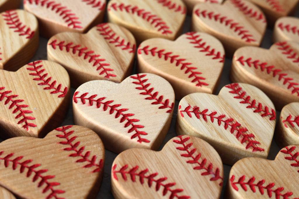 Interior Bat Wood Hearts with Red Baseball Seams Engraving